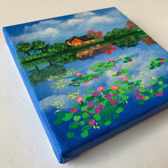 House by water lilies pond - 2 ! Small Painting!!  Ready to hang