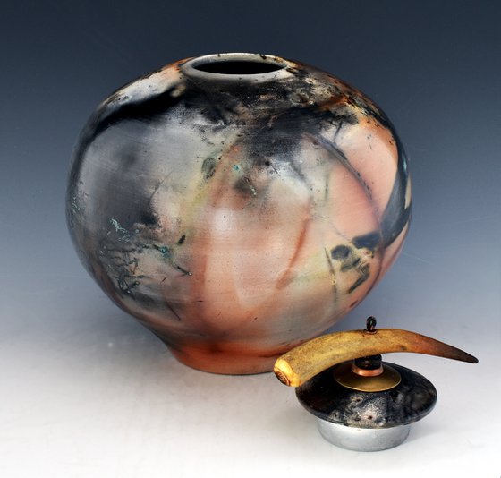 Sagger fired stoneware vessel urn B248