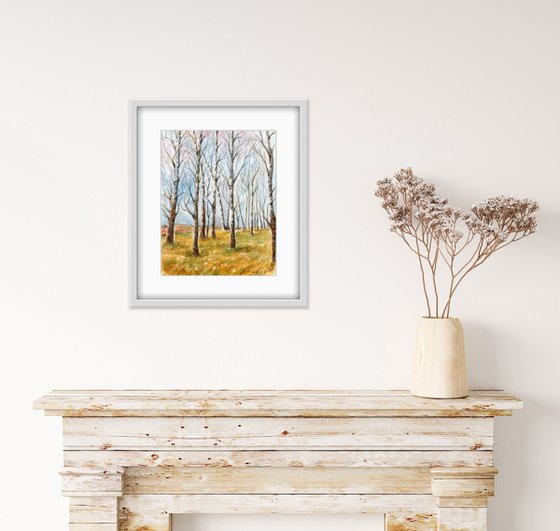 Autumn in a birch grove. Original watercolor artwork.