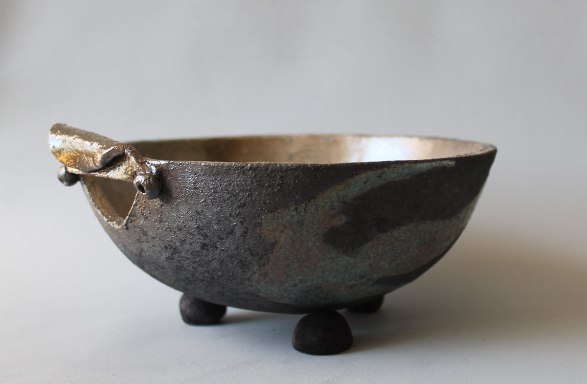 Raku Bowl with Handle 2. by Monique Robben- Andy Sheppard