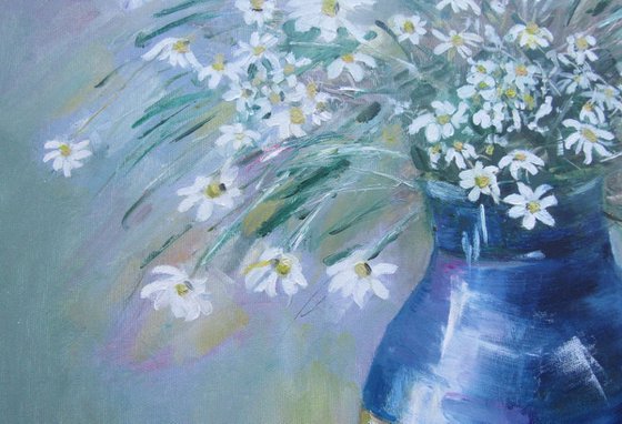 Daisies in a Jar - Modern Traditional Still Life Blue White Texture Field Wildflowers Art Gift for Birthday Wild Daisies