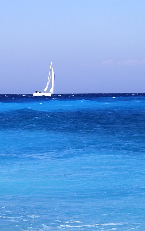 Sailboat on blue waves by Sonja  Čvorović