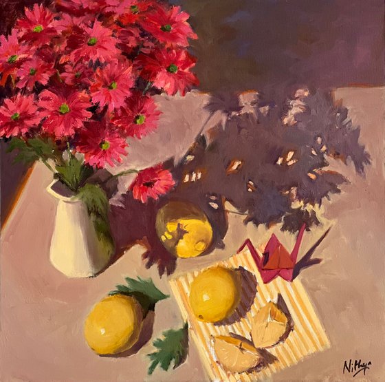 Statement piece - Vibrant Still Life Painting with Flowers and Lemons