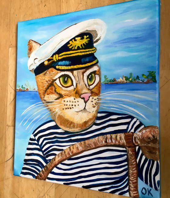 Troy The  Cat- Captain  oil painting for cat lovers.