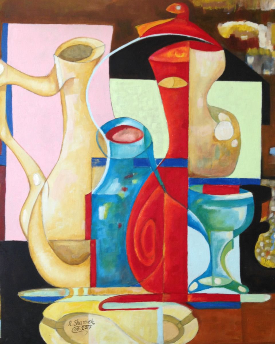 Abstract Still Life Acrylic Painting By Abdelrahman Shamieh, 20 X 23, Crockery, Original Artwork
