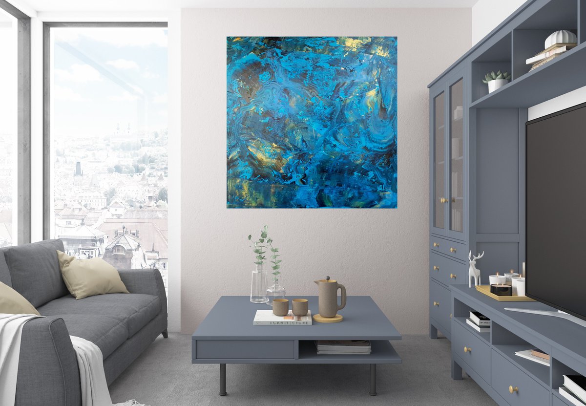 Through the clouds - large golden and blue abstract painting by Ivana Olbricht