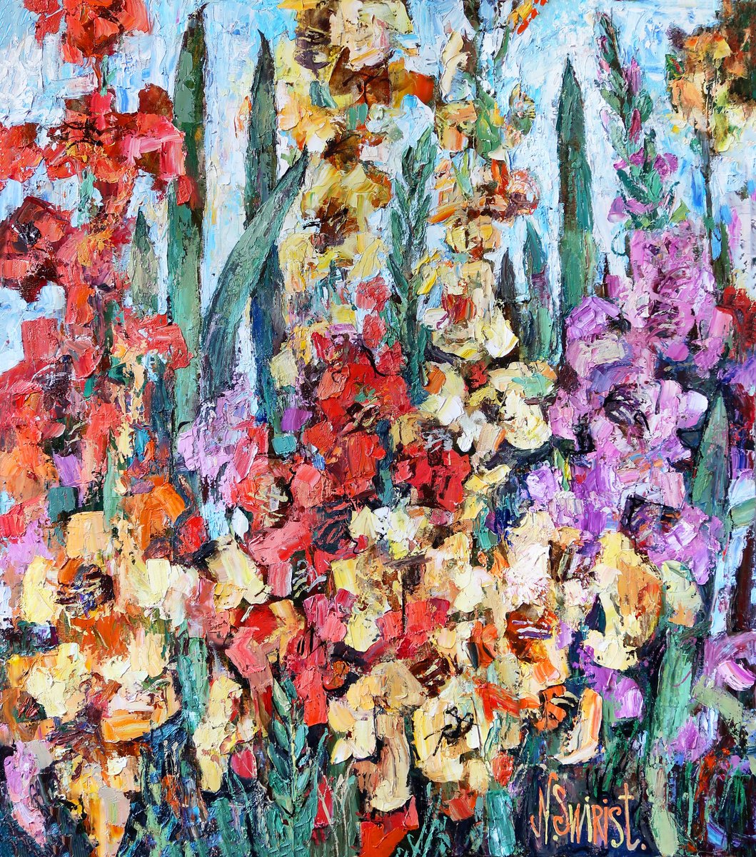 Impressionistic Landscape Oil Painting By Nikifor Swiristuhin, 30 X 33", Gladioli In The Garden., Original Artwork