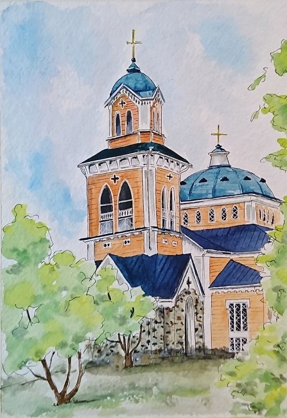 The church of Kerimäki (Finland). Watercolor painting.