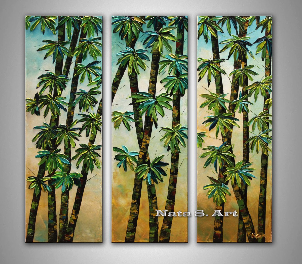 Bamboo Painting, Triptych, Impasto Tree Painting by Nataliya Stupak