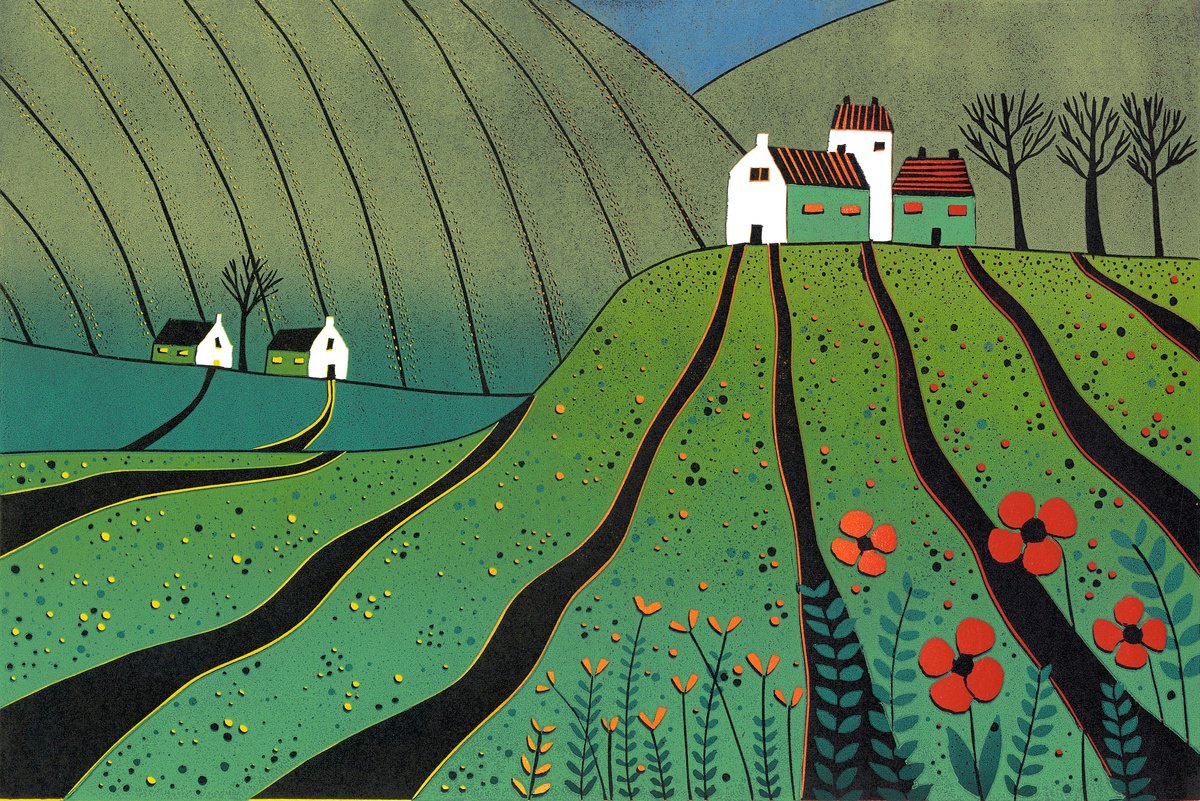 Graphic Landscape Linocut By Layla Khani (Aka Laylart), 14 X 10", 