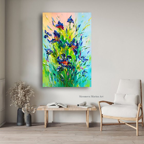 BLUE SALUTE - Irises. Majirel. Azure Irises. Bloom. Flower art. Decor irises. Blue petals. 3d flowers. Very Peri.