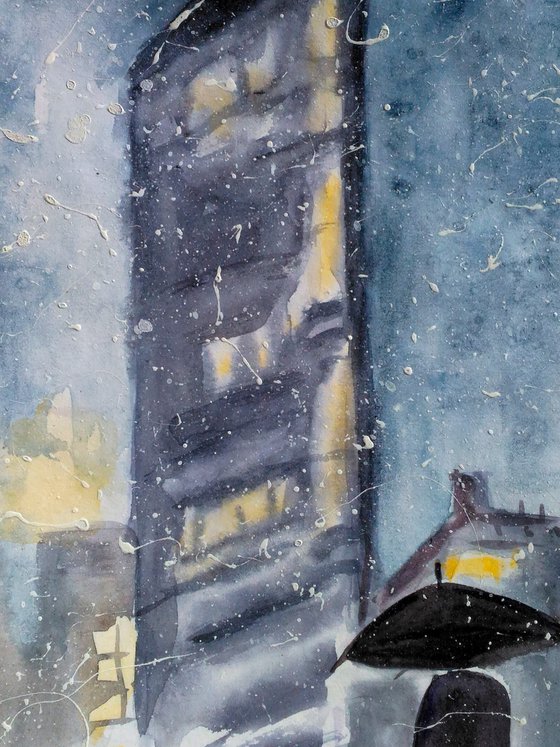 NYC Painting Christmas Original Art Bryant Park Watercolor Walk Small Home Wall Art 8 by 12" by Halyna Kirichenko