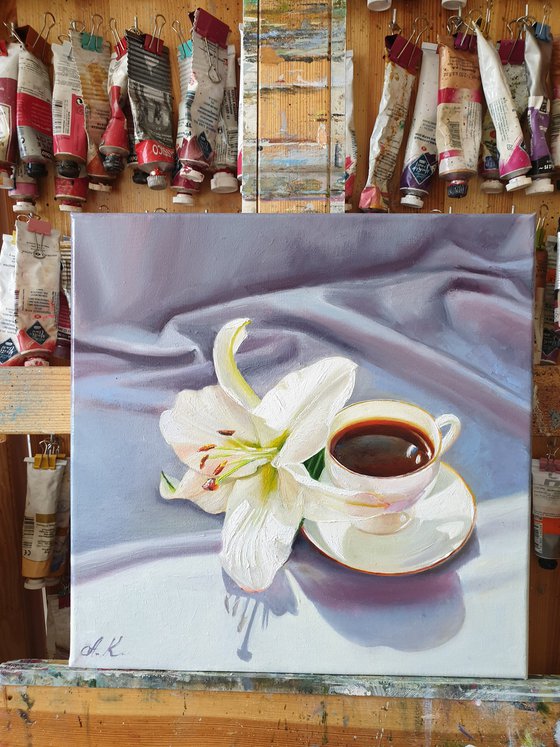 "A small cup of aromatic coffee. "  still life summer  white liGHt original painting  GIFT (2021)