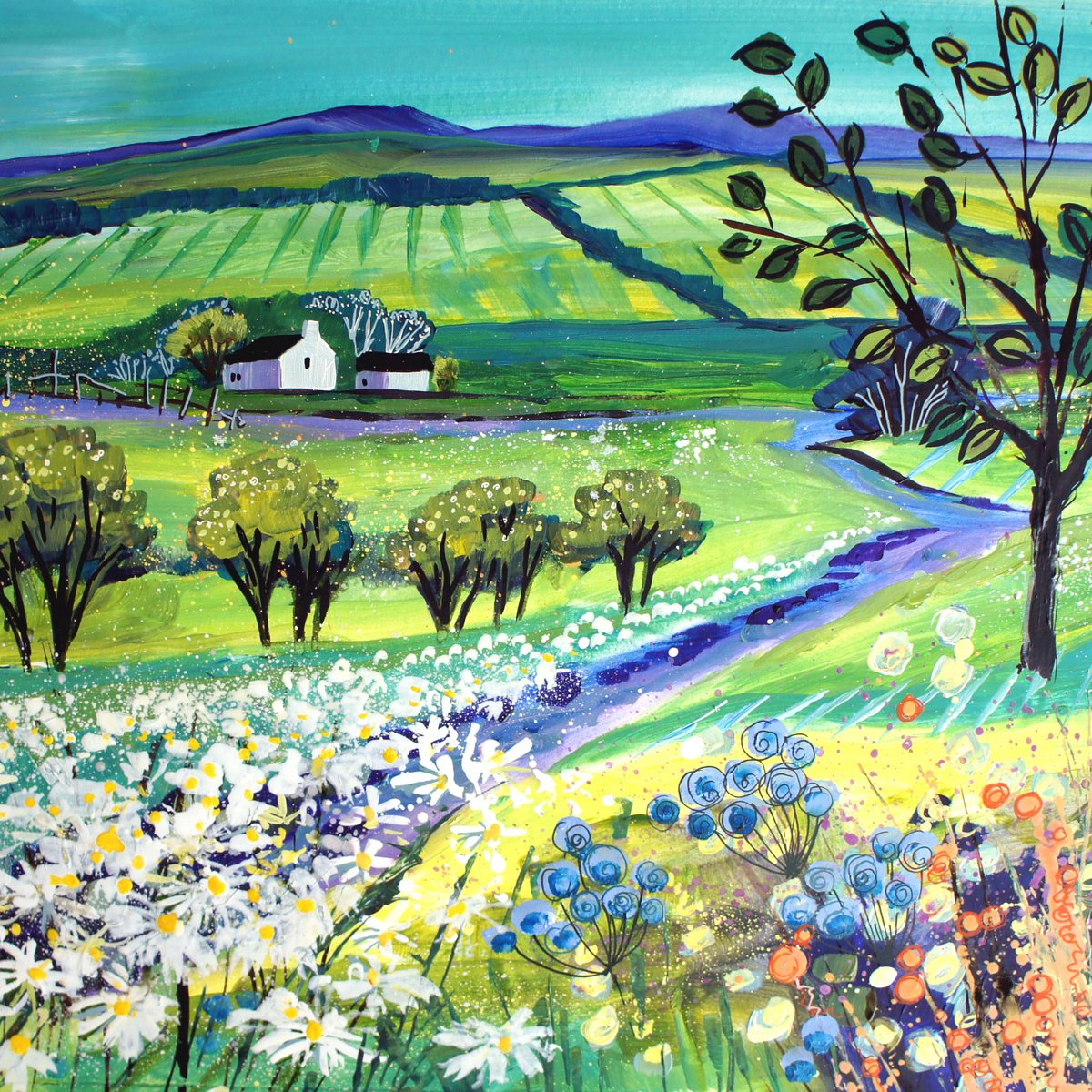 Impressionistic Landscape Acrylic Painting By Julia Rigby, 20 X 20", Wild Daisies, Original Artwork