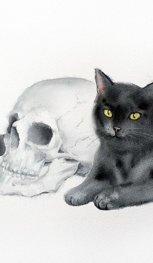 Black Cat and a Skull -  Hallo by Olga Beliaeva Watercolour
