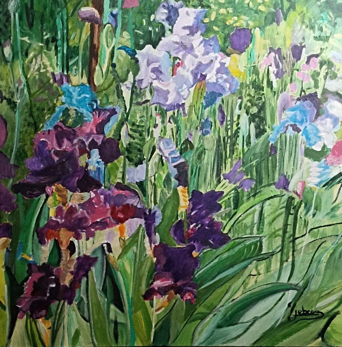 Impressionistic Botanical Oil Painting By Isabelle Lucas, 20 X 20, Irises Flowers, Original Artwork