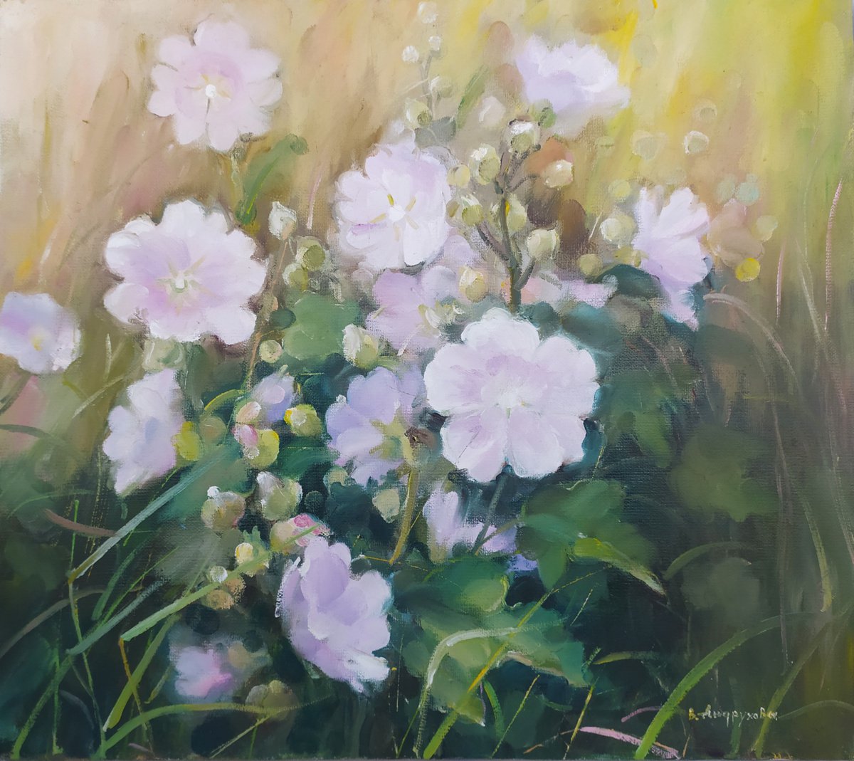 Botanical Oil Painting By Valentina Andrukhova, 18 X 16", Mallows In The Grass, Original Artwork
