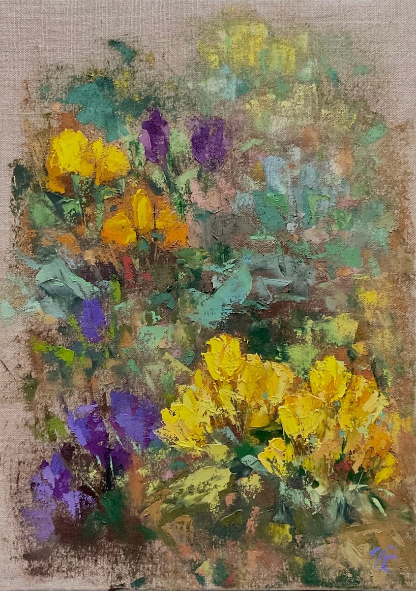 Impressionistic Botanical Oil Painting By Vera Klimova, 20 X 28", Crocuses, Original Artwork