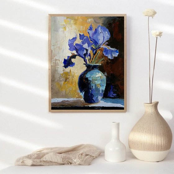 Blue Purple irises in a vase.