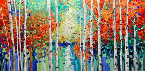 Woodlands Magic - Original Abstract Tree Painting, Colorful Trees Painting, Large Original Nature Landscape Modern Texture Painting Boho Wall Art Living Room Decor - Size: 48 x 24 inches (120 x 60 cm)