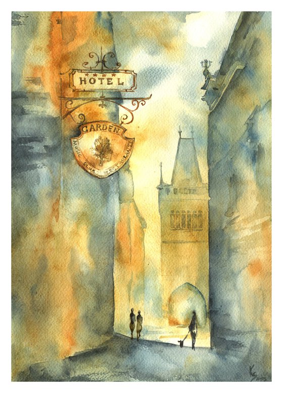 "Prague street in the golden evening light" architectural artwork in watercolor