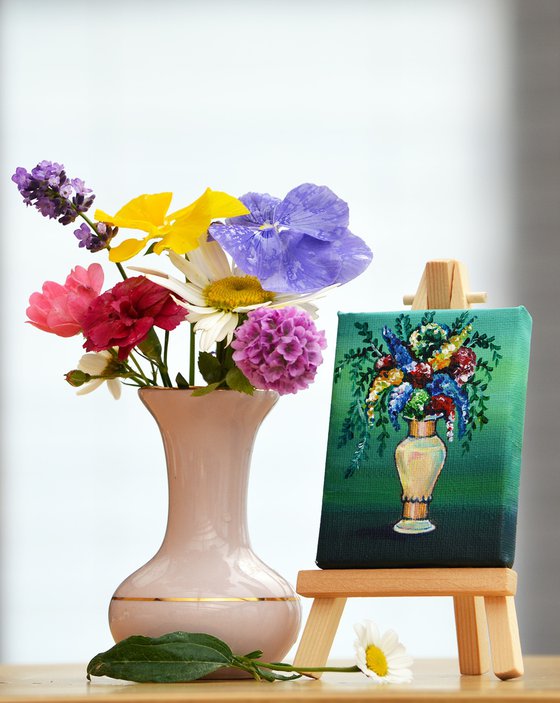 Flowers in white golden vase, original acrylic miniature painting, still life N2
