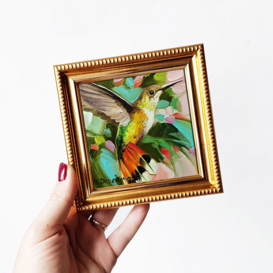 Original Bird painting 4x4, Colorful small bird art picture in blue green gold frame, Oil painting bird artwork, Bird gifts for women