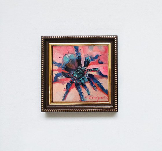 Lowbrow art painting spider, Spider artwork in frame, Spider Dark picture frame, Blue spider wall art