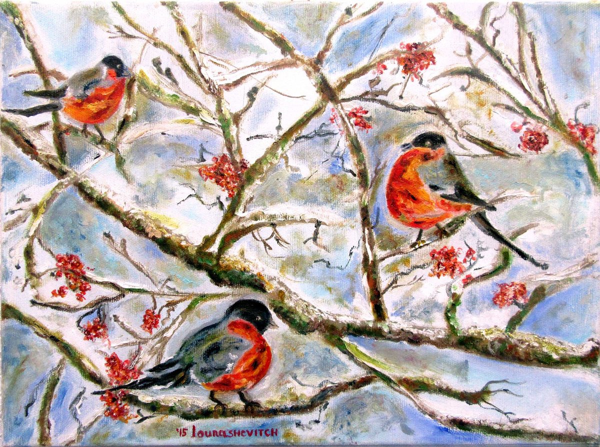 Robins in the winter | Original Oil on Canvas Painting 30x40 cm by Katia Ricci