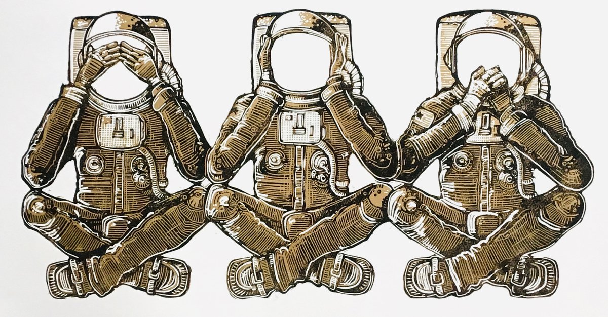 3 Space Monkeys - 2nd generation black/gold linocut print by Ieuan Edwards