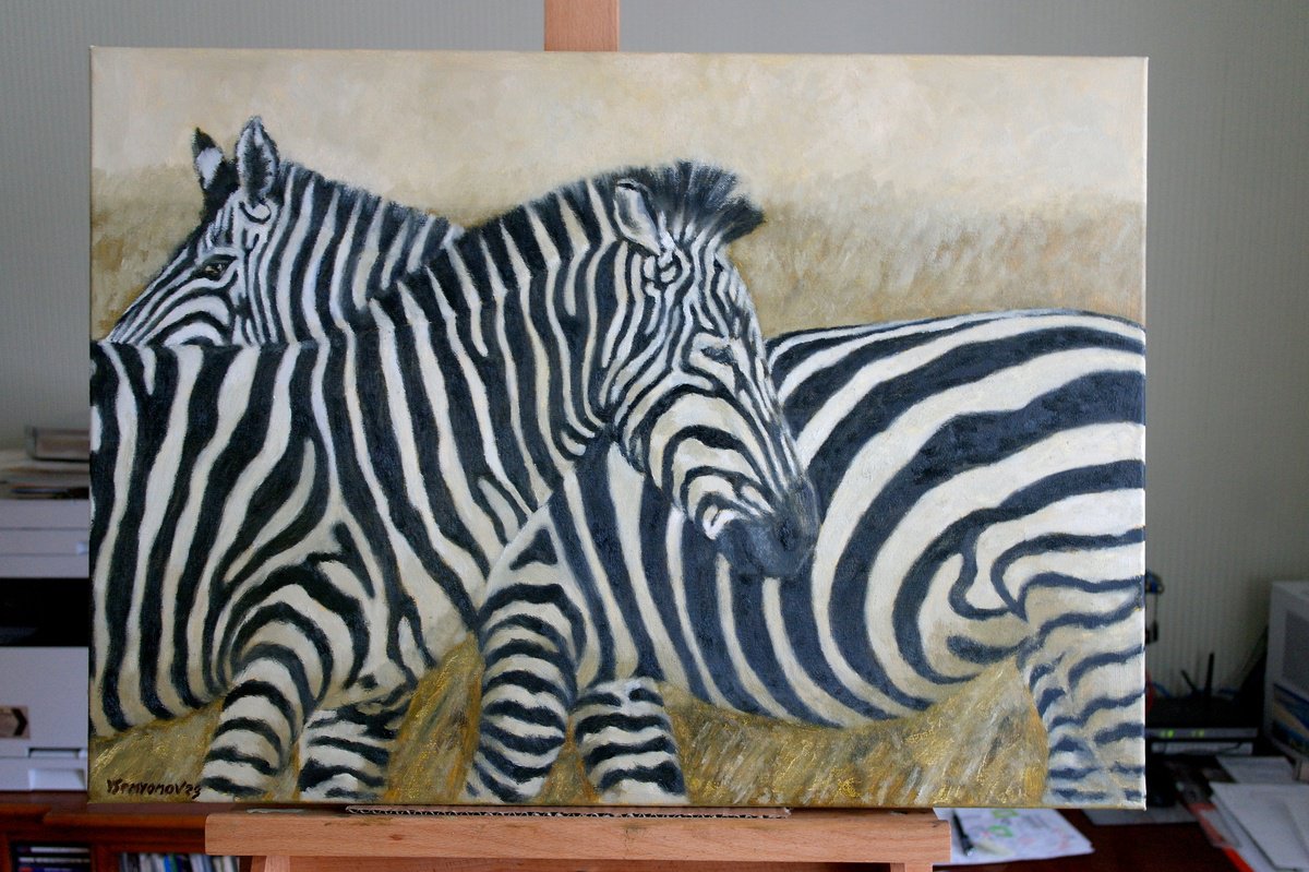 Impressionistic Animal Oil Painting By Juri Semjonov, 28 X 20", Zebras, Original Artwork
