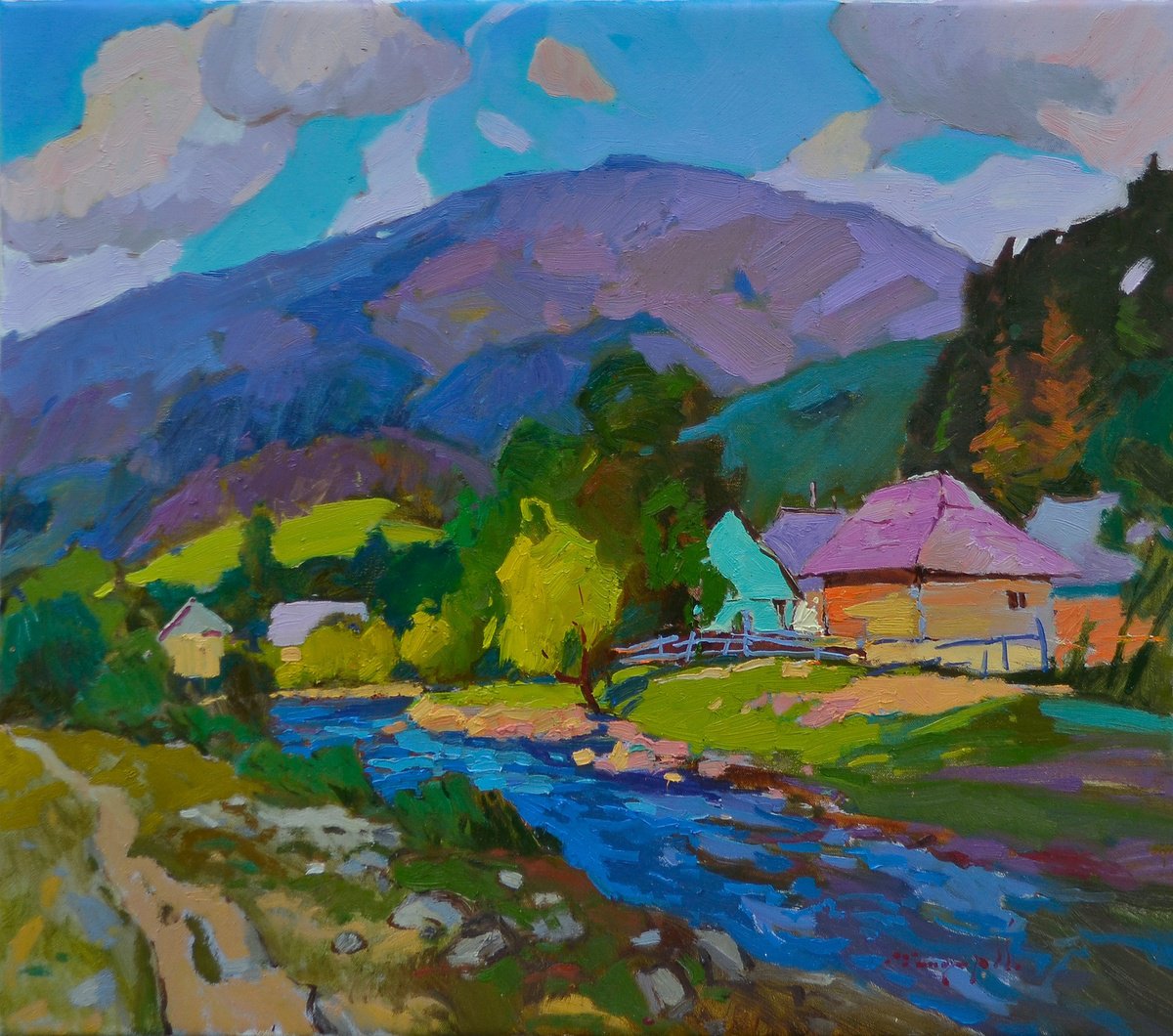 Impressionistic Landscape Oil Painting By Alexander Shandor, 28 X 24, Mountain Symphony, Original Artwork