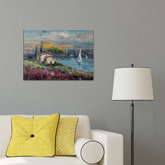 Springtime in Garda / Gardasee, oil painting with Italian golden frame.