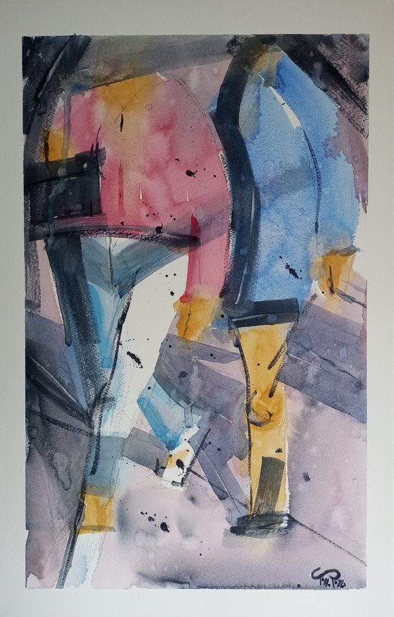 Walking couple (large size) - abstract watercolor