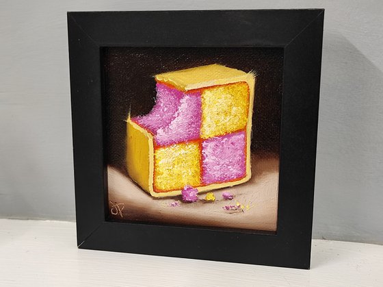 Little Battenberg cake slice still life