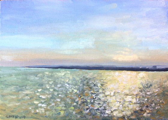 Sunlight on the sea, an original oil painting of the morning sun