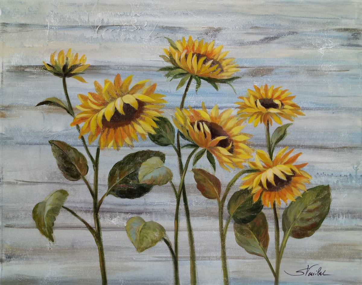 Impressionistic Botanical Acrylic Painting By Silvia Vassileva, 30 X 24", Cottage Sunflowers, Original Artwork