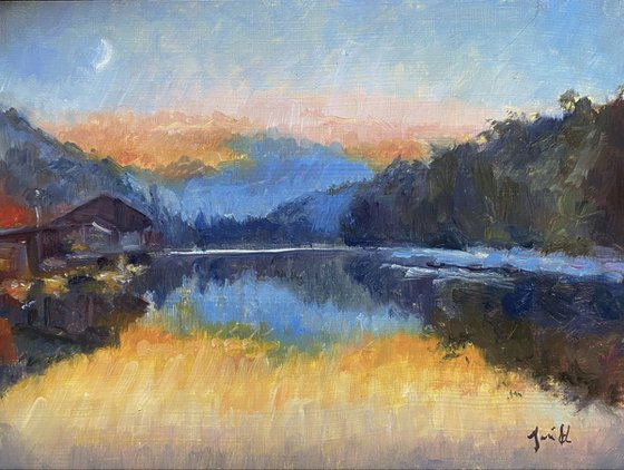 Original oil Impressionist Evening Lakeside Painting.