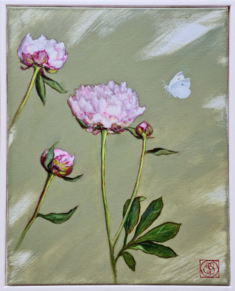 Photorealistic Botanical Oil Painting By Katia Bellini, 17 X 21", Peonies Study 3, Original Artwork