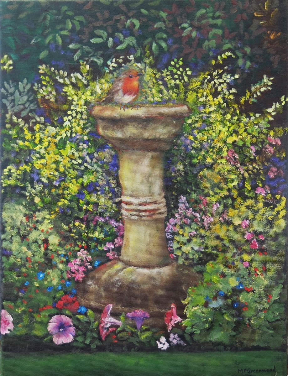 Impressionistic Landscape Oil Painting By Maureen Greenwood, 16 X 20", Regular Visitor To My Garden, Original Artwork