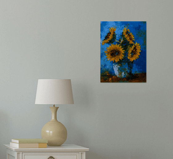 Sunflowers still life painting. Sunflowers in vase