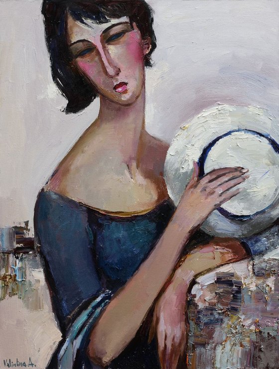 White hat - Woman portrait inspired by Modigliani