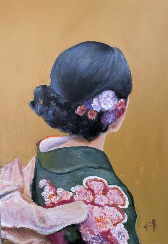 Japanese Woman original oil painting contemporary figurative home decor.