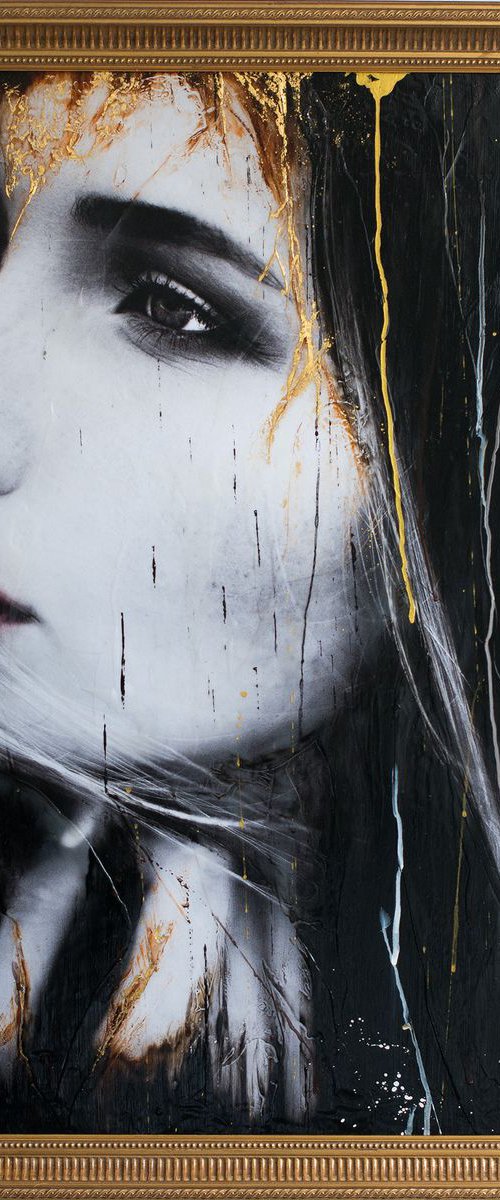 "Thoughts & Dreams" (85x63x4,5cm) - Unique portrait artwork on wood (abstract, portrait, gold, original, resin, beeswax, painting) by Rouzbeh Tahmassian