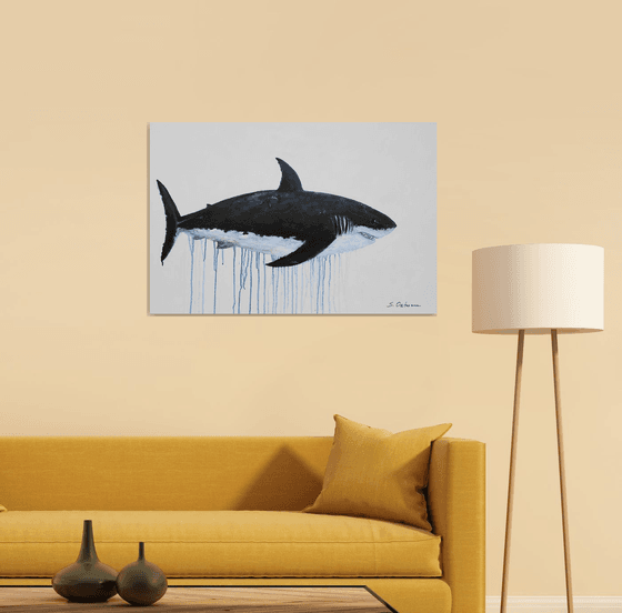 Large Abstract The Great White Shark. Acrylic painting on canvas. Ocean animals, black, white. Painting 61x91cm.