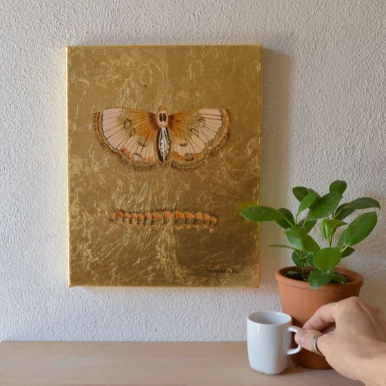 My Little Golden Moth Oil Painting on Lacquered Golden Leaf