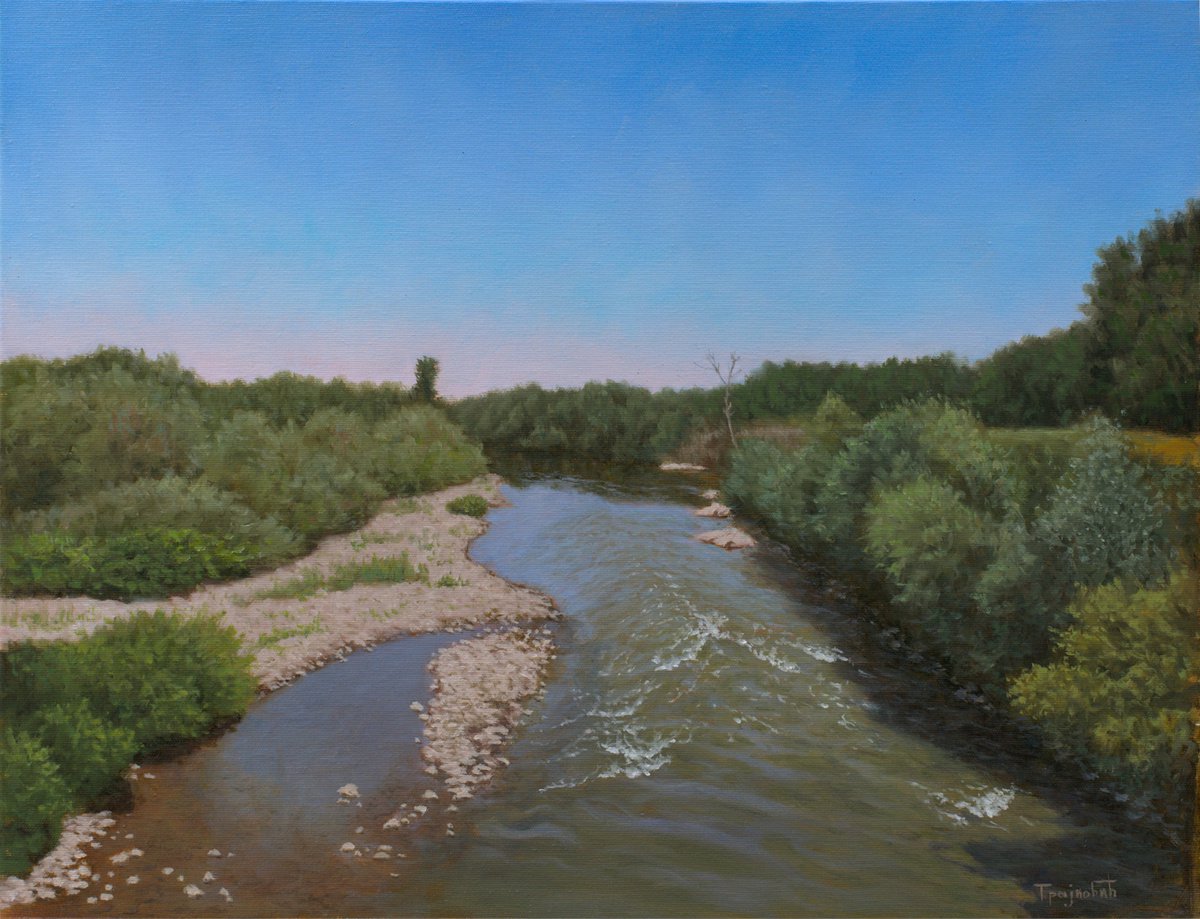 Photorealistic Landscape Oil Painting By Dejan Trajkovic, 30 X 24, A View From The Old Bridge In Summer, Original Artwork