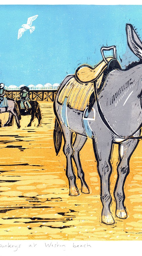 Donkeys at Weston Beach. Limited Edition large linocut by Fiona Horan