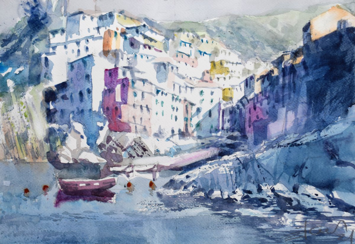 Impressionistic Cityscapes Watercolour By Goran Zigolic Watercolors, 15 X 10, Chinque Terre ( Riomaggiore ), Original Artwork