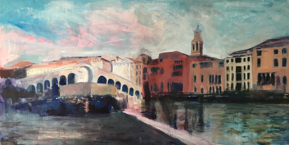 Impressionistic Cityscapes Oil Painting By Sandra Haney, 48 X 25", By The Rialto Bridge, Original Artwork